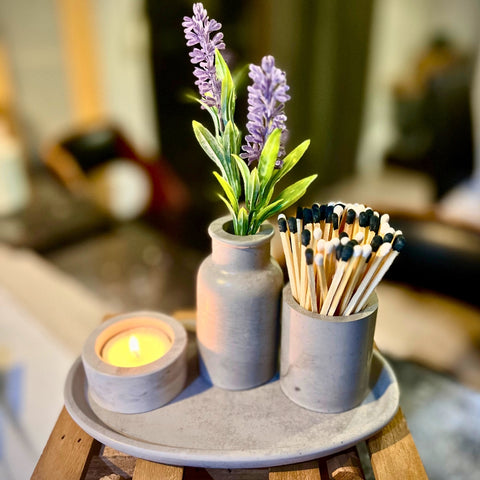 Grey Tealight Tray, Holder, Vase and Matches - theattik.com.au