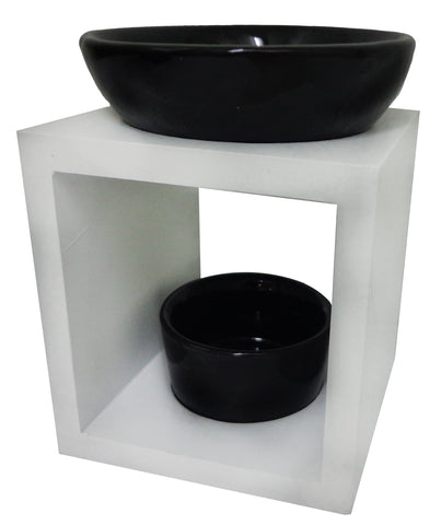 White Timber Oil Burner with Black Ceramic Bowl - theattik.com.au